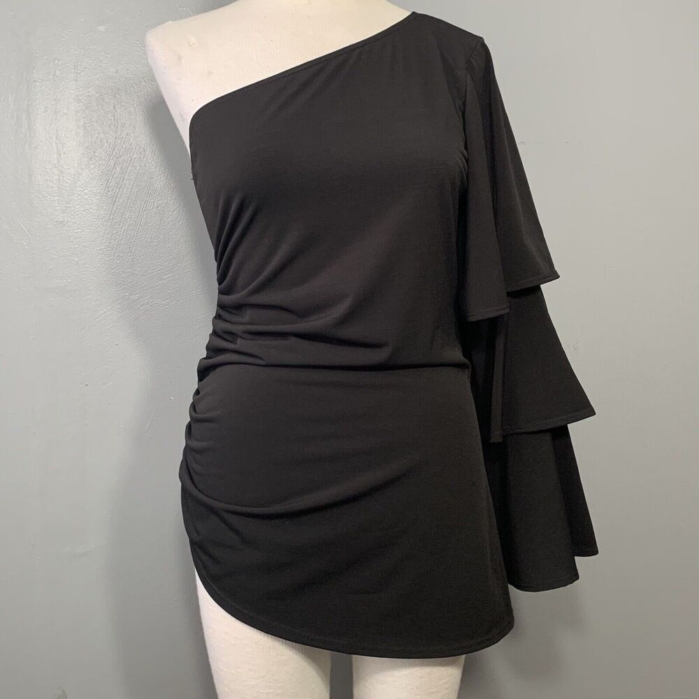 NY Collection One Shoulder Top Size Medium Black Whimsigoth Party Avant Garde - Picture 2 of 7
